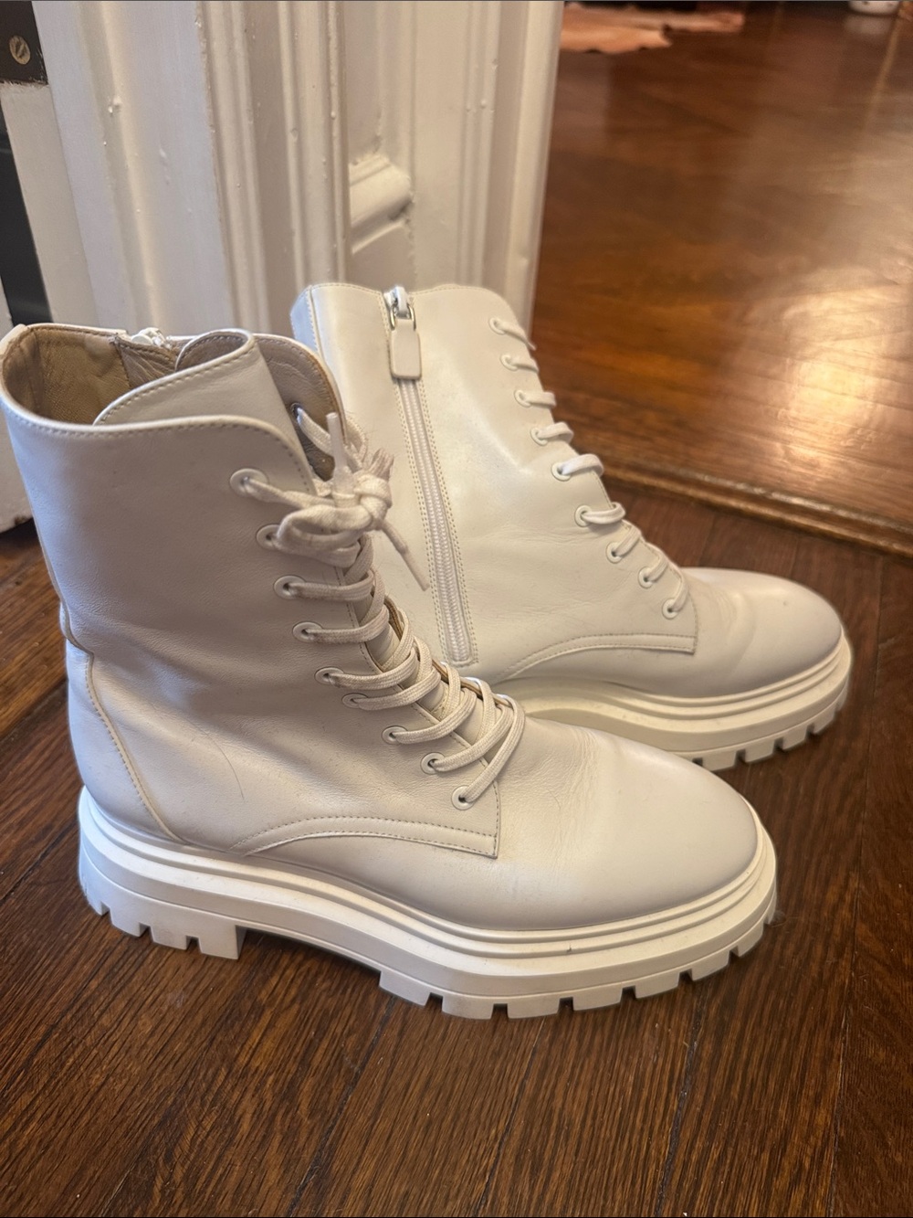 Stuart Weitzman White Lace-Up Combat Boots with Chunky Sole